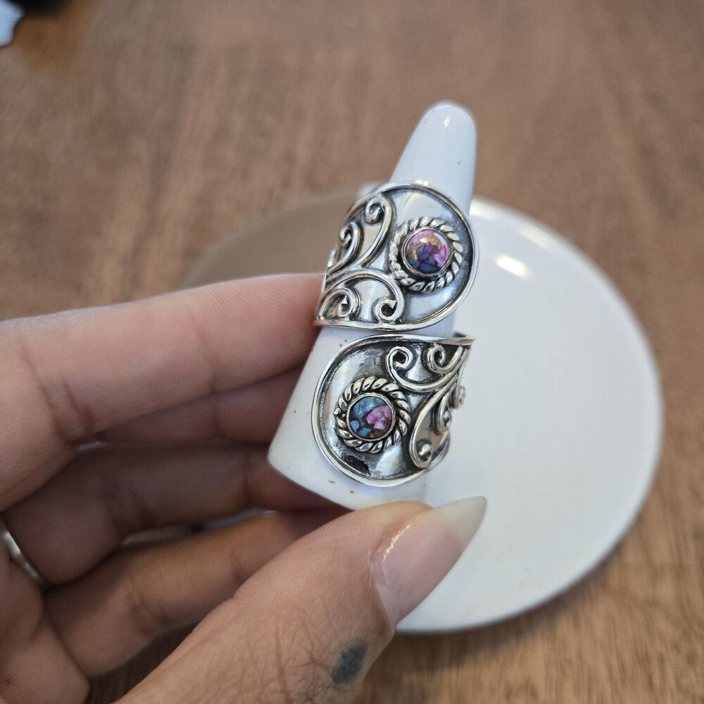 Southwest Style Cotton Candy Stone Sterling Silver Stamped 925 Adjustable Ring